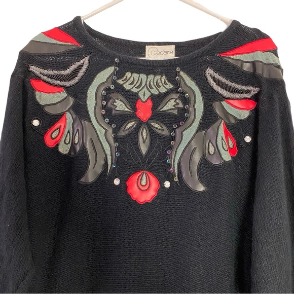 Vintage 90s Sweater Womens Size Small Dolman Beaded Leather Tunic Black Red - Picture 3 of 8